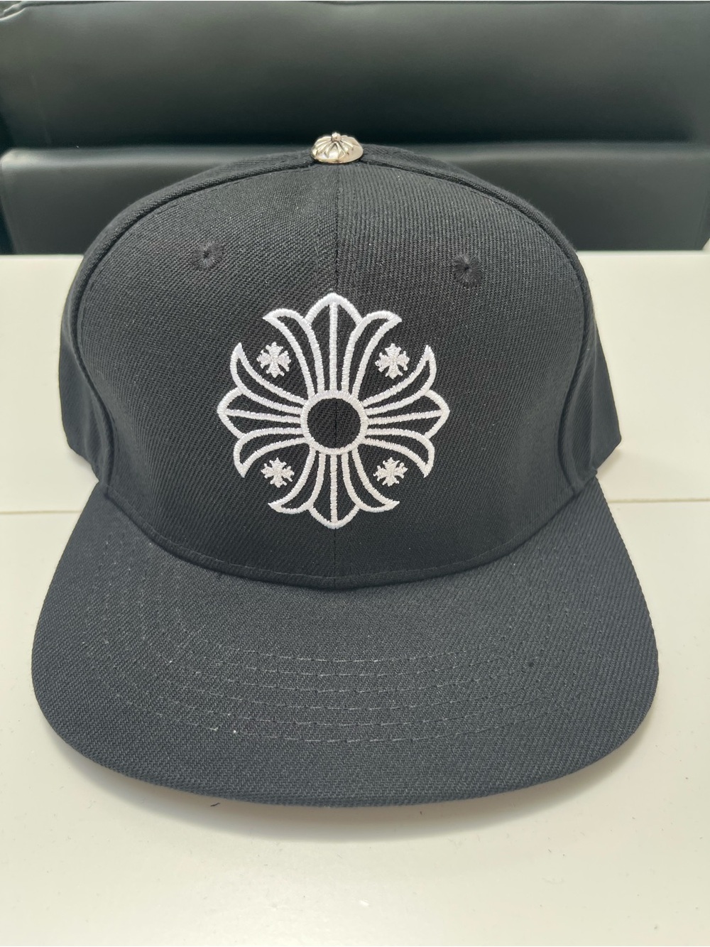 Chrome Black Snapback with White Cross Embroidery